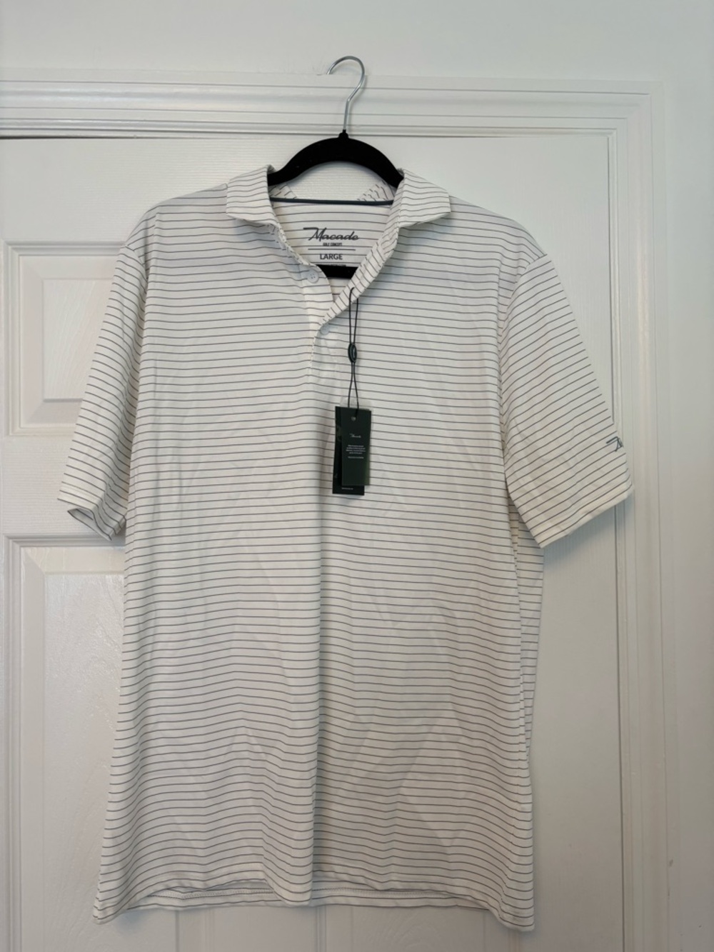 Macade Golf Polo White Gray Stripe Performance Shirt Mens Large NWT